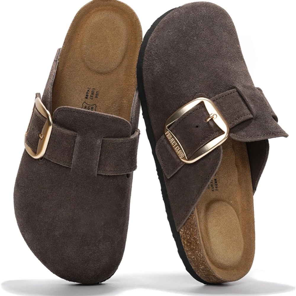 Brown Suede Slip-On Clogs with Gold Buckle